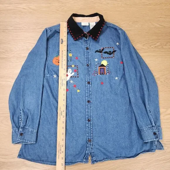 White Stag Denim Shirt Embroidered Fall Pumpkin Corduroy Collar 16W Plus Jean - Picture 6 of 11